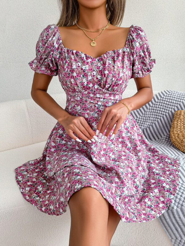 Women's Mini Dress with Big Swing Loose Hem and Flower Print, Temperament Shirring Dress with Short Sleeves and High Waist, Stylish Summer Dress for Women