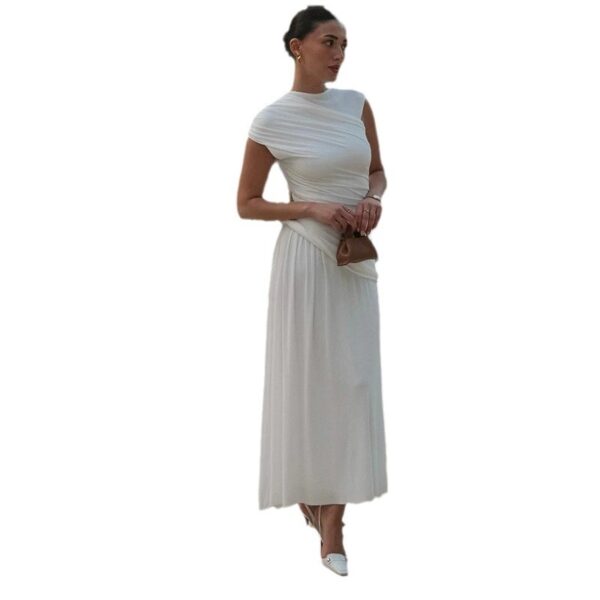 Women's Pleated Round Neck Sleeveless Irregular Dress, Trendy Sleeveless Irregular Pleated Dress, Stylish Round Neck Pleated Dress