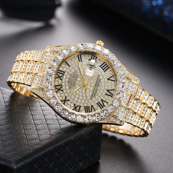 Full Diamond Surface Roman Scale Steel Watch, Luxury Diamond-Encrusted Roman Scale Steel Watch, Elegant Full-Diamond Roman Steel Watch