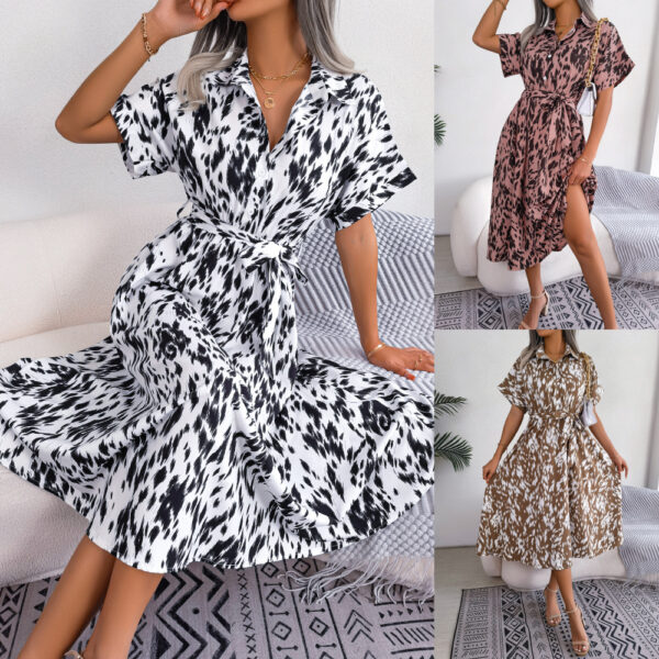 Leisure Leopard Print Lace-Up Shirt Dress, Stylish Loose-Fit Leopard Print Dress with Lace-Up Detail, Trendy Casual Shirt Dress with Leopard Print