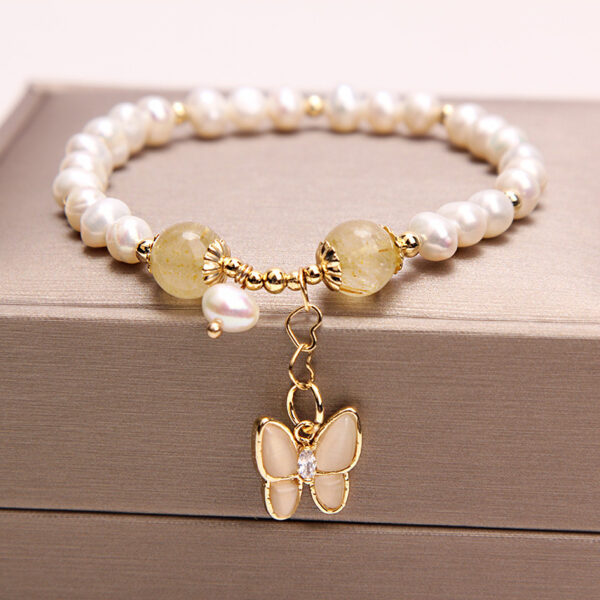 Freshwater Pearl Strawberry Quartz Bracelet with Opal Butterfly, Elegant Female Bracelet with Freshwater Pearls and Strawberry Quartz