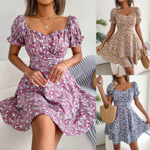 Women's Mini Dress with Big Swing Loose Hem and Flower Print, Temperament Shirring Dress with Short Sleeves and High Waist, Stylish Summer Dress for Women