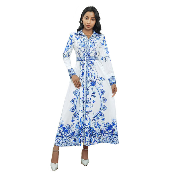 Real Shot Long Sleeve Stand Collar Retro Printed Dress, Trendy Retro Printed Long Sleeve Dress, Stylish Stand Collar Dress