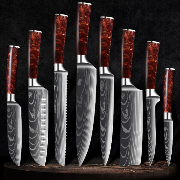 Red Resin Handle Damascus Laser Pattern Kitchen Knife Set, Stylish Damascus Kitchen Knives with Red Resin Handle, Premium Damascus Steel Knife Set with Laser Pattern