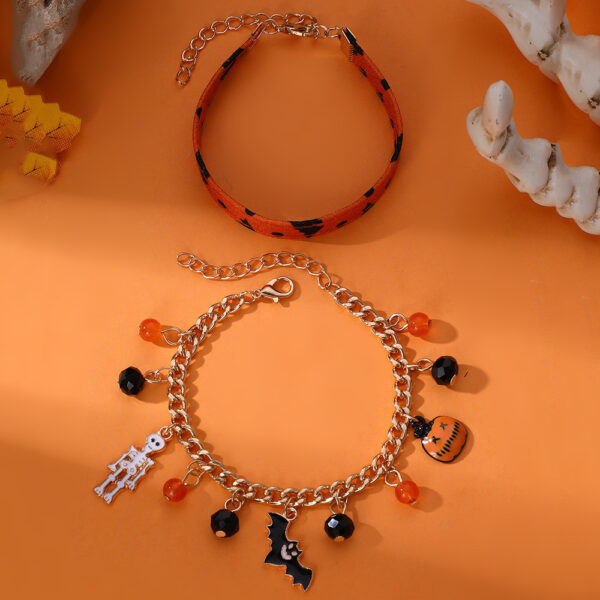 Women's Leather Pumpkin Bat Ghost Halloween Bracelet, Stylish Leather Bracelet with Pumpkin and Bat Design, Trendy Halloween Ghost Bracelet for Women