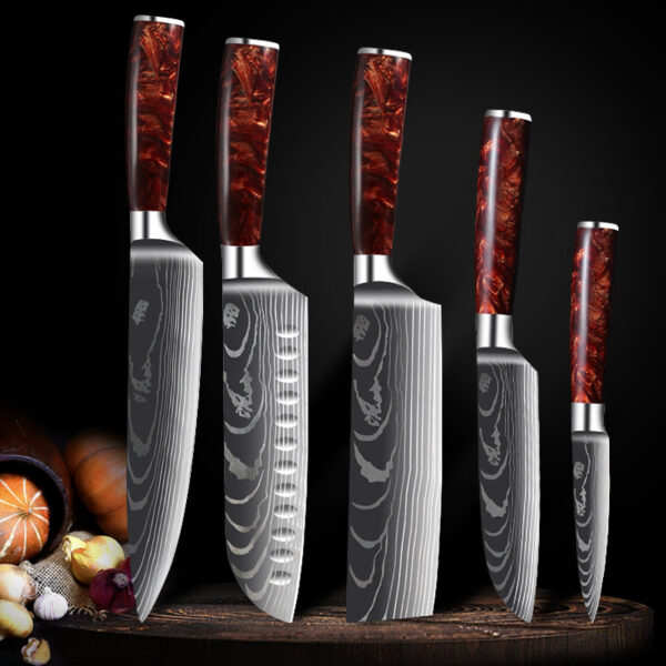 Red Resin Handle Damascus Laser Pattern Kitchen Knife Set, Stylish Damascus Kitchen Knives with Red Resin Handle, Premium Damascus Steel Knife Set with Laser Pattern