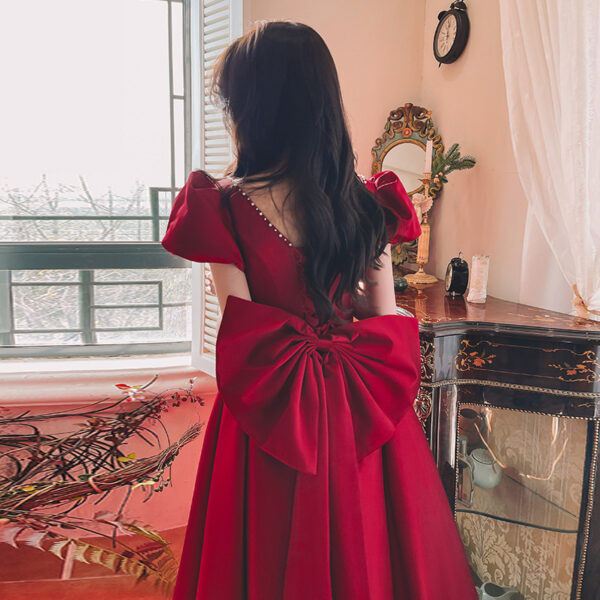 Winter Wine Red Satin Dress, French Princess Engagement Dress, Daily Wear Wine Red Satin Gown