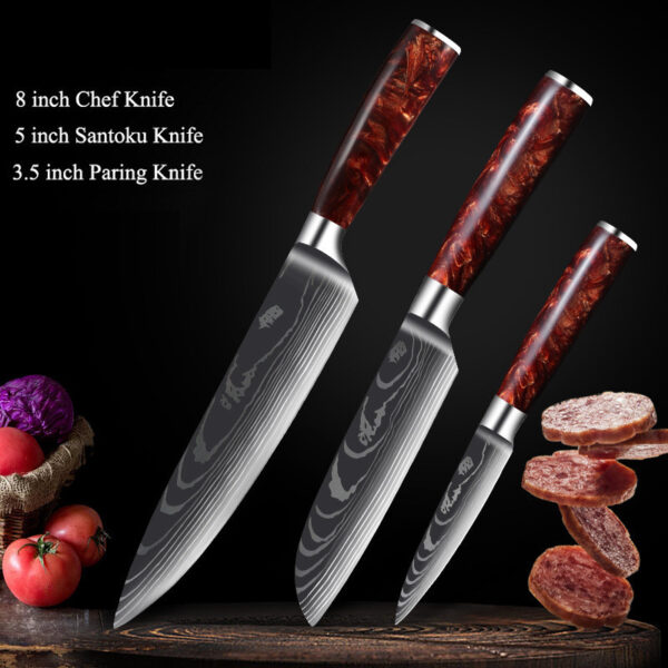 Red Resin Handle Damascus Laser Pattern Kitchen Knife Set, Stylish Damascus Kitchen Knives with Red Resin Handle, Premium Damascus Steel Knife Set with Laser Pattern