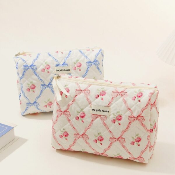 Bow Cotton Makeup Bag with Large Capacity, Ins Style Portable Storage Bag, Stylish and Practical Wash Bag