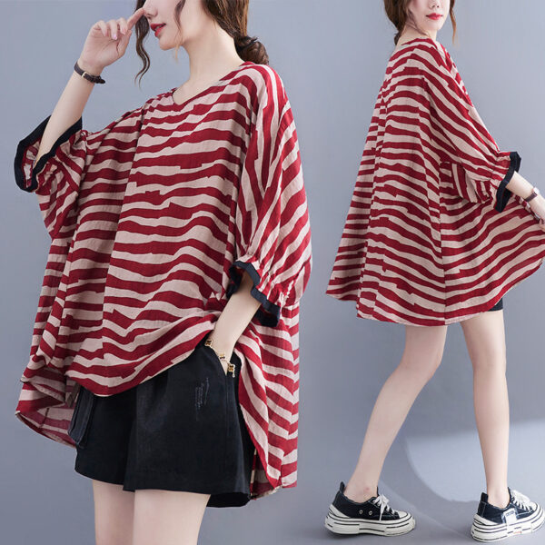 Summer Women's Loose Plus Size Striped Batwing Sleeve T-shirt, Plus Size Striped Batwing Sleeve T-shirt for Summer, Women's Summer Loose Striped Batwing T-shirt