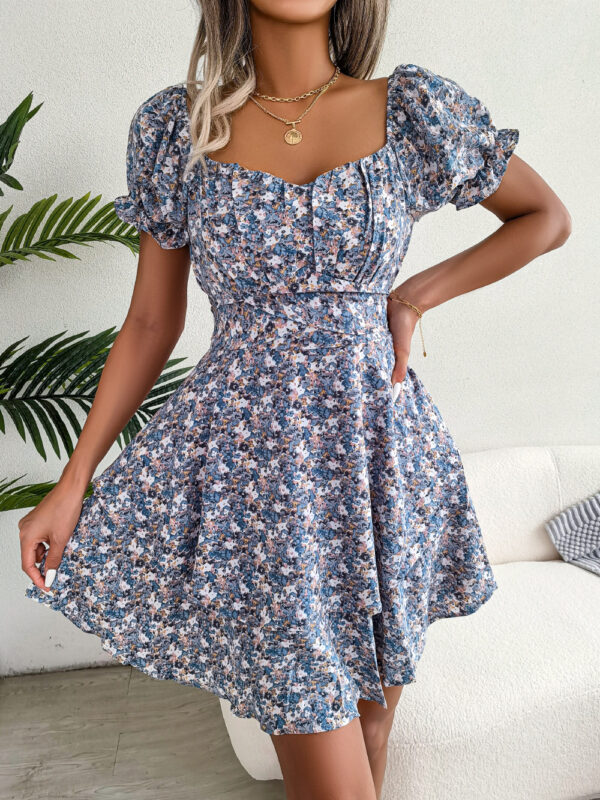 Women's Mini Dress with Big Swing Loose Hem and Flower Print, Temperament Shirring Dress with Short Sleeves and High Waist, Stylish Summer Dress for Women