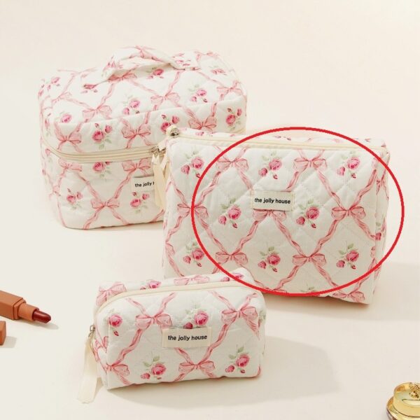 Bow Cotton Makeup Bag with Large Capacity, Ins Style Portable Storage Bag, Stylish and Practical Wash Bag