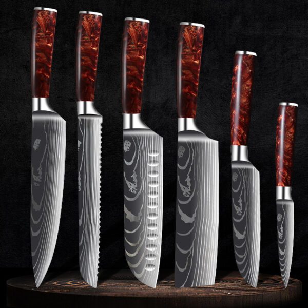 Red Resin Handle Damascus Laser Pattern Kitchen Knife Set, Stylish Damascus Kitchen Knives with Red Resin Handle, Premium Damascus Steel Knife Set with Laser Pattern