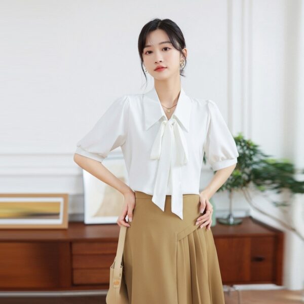 Smoke Blue Short-Sleeved Chiffon Shirt with Korean Style Ribbon Detail, Elegant Smoke Blue Chiffon Top with Short Sleeves, Korean-Inspired Smoke Blue Chiffon Shirt with Ribbon Accent