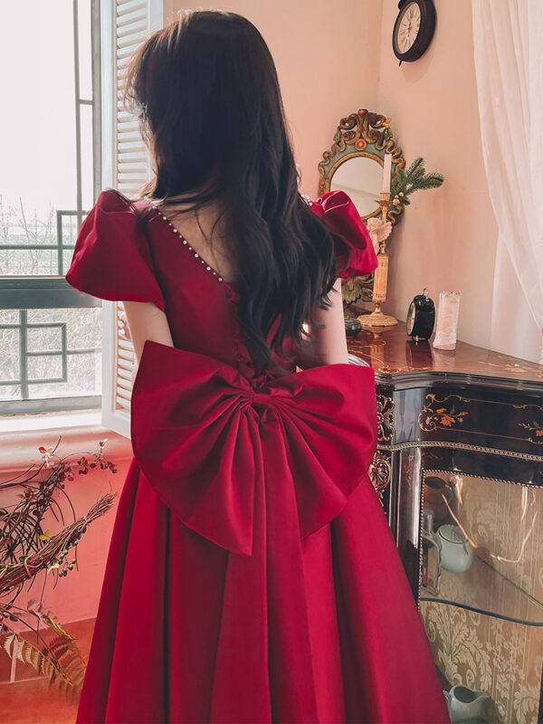 Winter Wine Red Satin Dress, French Princess Engagement Dress, Daily Wear Wine Red Satin Gown