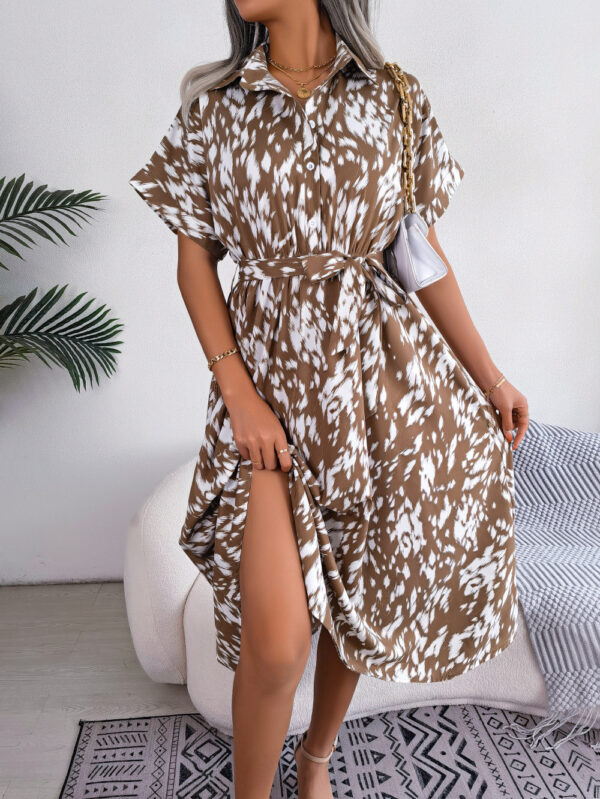 Leisure Leopard Print Lace-Up Shirt Dress, Stylish Loose-Fit Leopard Print Dress with Lace-Up Detail, Trendy Casual Shirt Dress with Leopard Print