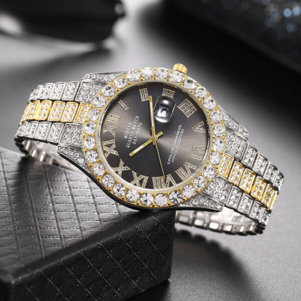 Full Diamond Surface Roman Scale Steel Watch, Luxury Diamond-Encrusted Roman Scale Steel Watch, Elegant Full-Diamond Roman Steel Watch