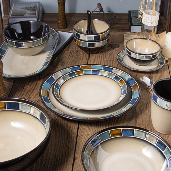 Underglaze Blue Checkered Tableware Set, Elegant Blue Checkered Ceramic Tableware, Stylish and Classic Dining Set