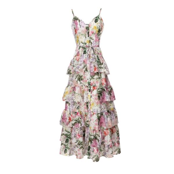 Elegant Single-Breasted Spaghetti-Strap Floral Print Dress, New Ruffled Large Swing Dress, Stylish Floral Print Ruffled Dress