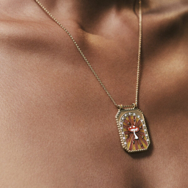 Vintage Tarot Sunshine Mushroom Necklace with Zircon, Unique Mushroom Pendant Necklace with Inlaid Zircon, Stylish Tarot Mushroom Necklace