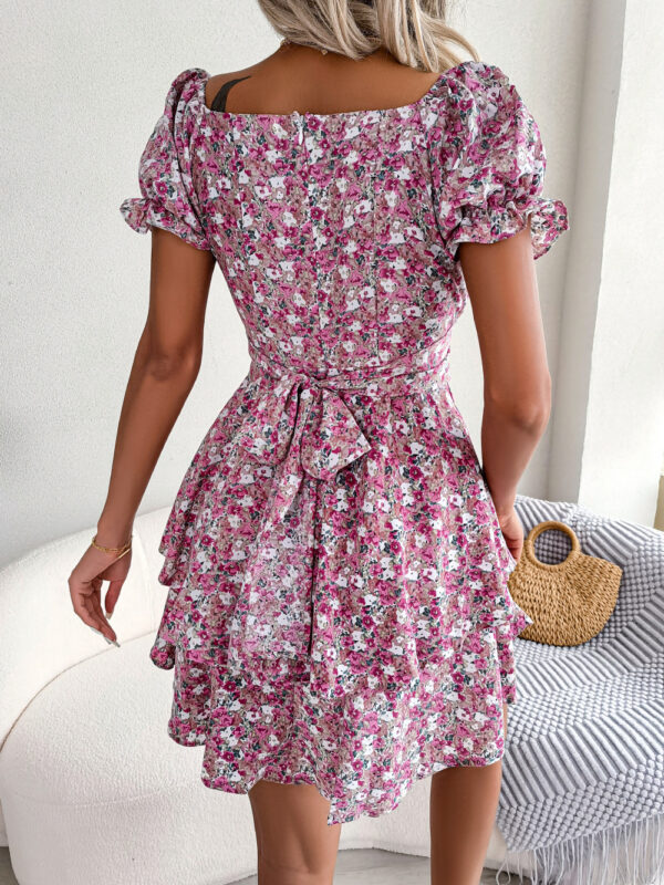 Women's Mini Dress with Big Swing Loose Hem and Flower Print, Temperament Shirring Dress with Short Sleeves and High Waist, Stylish Summer Dress for Women