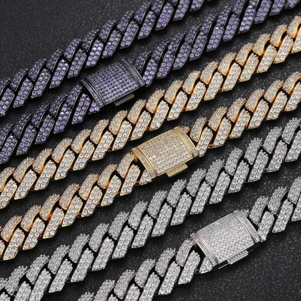 15mm Double Row Zircon Diamond Cuban Link Chain Necklace, Elegant Double Row Zircon Cuban Link Necklace, Fashionable 15mm Zircon Diamond Cuban Link Chain