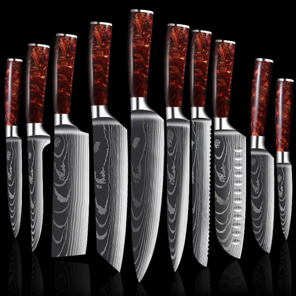 Red Resin Handle Damascus Laser Pattern Kitchen Knife Set, Stylish Damascus Kitchen Knives with Red Resin Handle, Premium Damascus Steel Knife Set with Laser Pattern