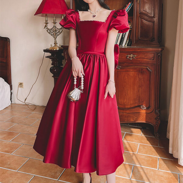 Winter Wine Red Satin Dress, French Princess Engagement Dress, Daily Wear Wine Red Satin Gown