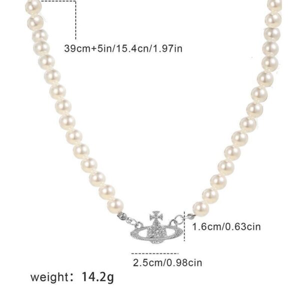 Trendy Pearl Necklace with Diamond Saturn Pendant, Creative Women's Pearl Necklace with Saturn Pendant, Elegant Diamond-Encrusted Saturn Pearl Necklace