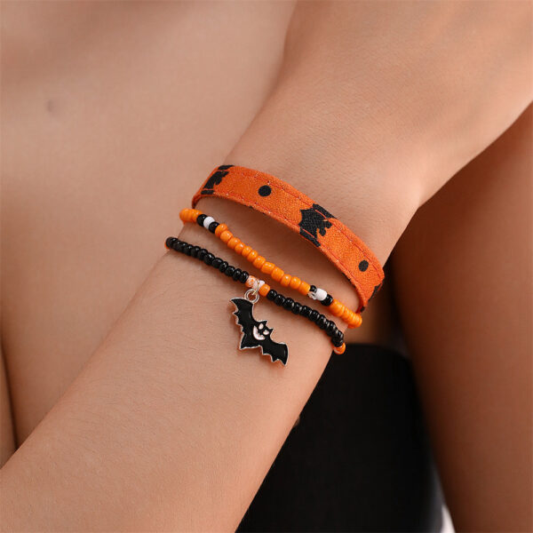 Women's Leather Pumpkin Bat Ghost Halloween Bracelet, Stylish Leather Bracelet with Pumpkin and Bat Design, Trendy Halloween Ghost Bracelet for Women