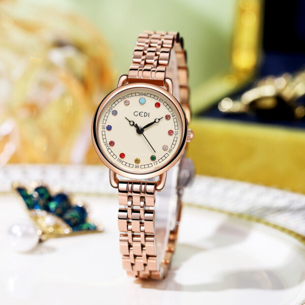 Niche Women's Stylish Steel Belt Quartz Watch with Birthstone, Elegant Light Luxury Ins-Style Waterproof Quartz Watch for Women