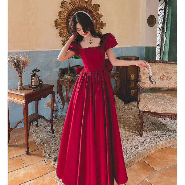 Winter Wine Red Satin Dress, French Princess Engagement Dress, Daily Wear Wine Red Satin Gown