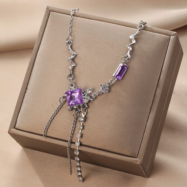 Purple Square Crystal Necklace for Women with Tassel, Elegant Fairy Temperament Long Crystal Necklace, High-End Purple Crystal Collarbone Chain