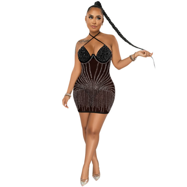 Sling Wrapped Chest Rhinestone Mesh Perspective Skirt Dress, Trendy Rhinestone Mesh Dress with Sling and Wrapped Chest, Stylish Perspective Skirt Dress