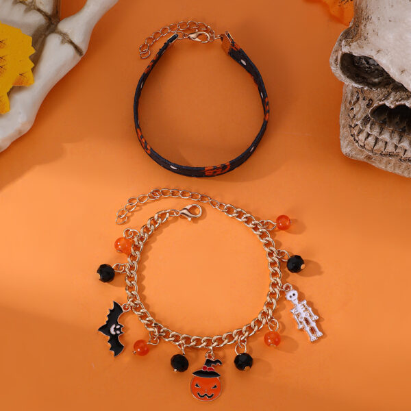 Women's Leather Pumpkin Bat Ghost Halloween Bracelet, Stylish Leather Bracelet with Pumpkin and Bat Design, Trendy Halloween Ghost Bracelet for Women