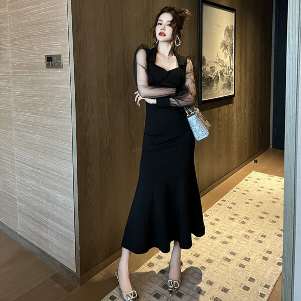 French Style Square Collar Long Dress for Women, Hepburn Style Elegant Socialite Mesh Puff Sleeve Fishtail Dress, Stylish French Square Collar Fishtail Dress