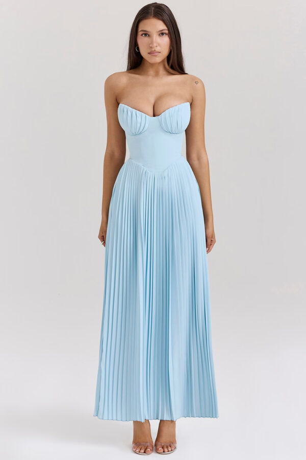 Blue Strapless Slimming Pleated Dress, Tight-Fitting Blue Pleated Dress, Trendy Strapless Slimming Dress