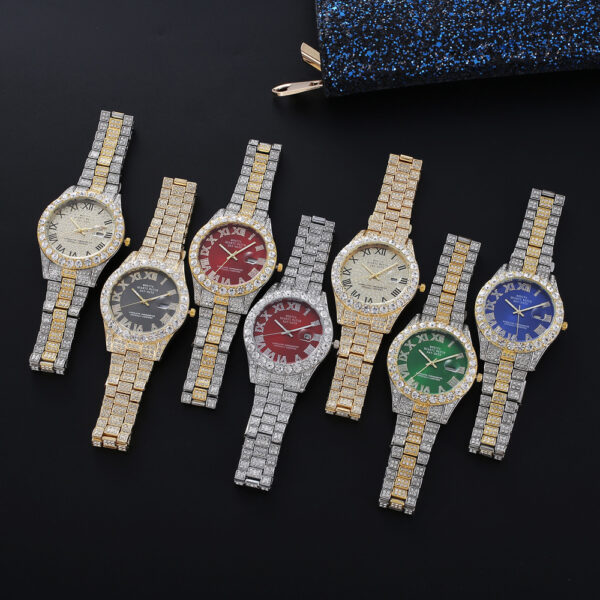 Full Diamond Surface Roman Scale Steel Watch, Luxury Diamond-Encrusted Roman Scale Steel Watch, Elegant Full-Diamond Roman Steel Watch