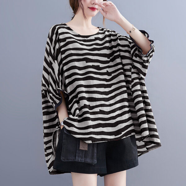 Summer Women's Loose Plus Size Striped Batwing Sleeve T-shirt, Plus Size Striped Batwing Sleeve T-shirt for Summer, Women's Summer Loose Striped Batwing T-shirt