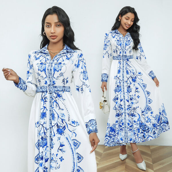 Real Shot Long Sleeve Stand Collar Retro Printed Dress, Trendy Retro Printed Long Sleeve Dress, Stylish Stand Collar Dress