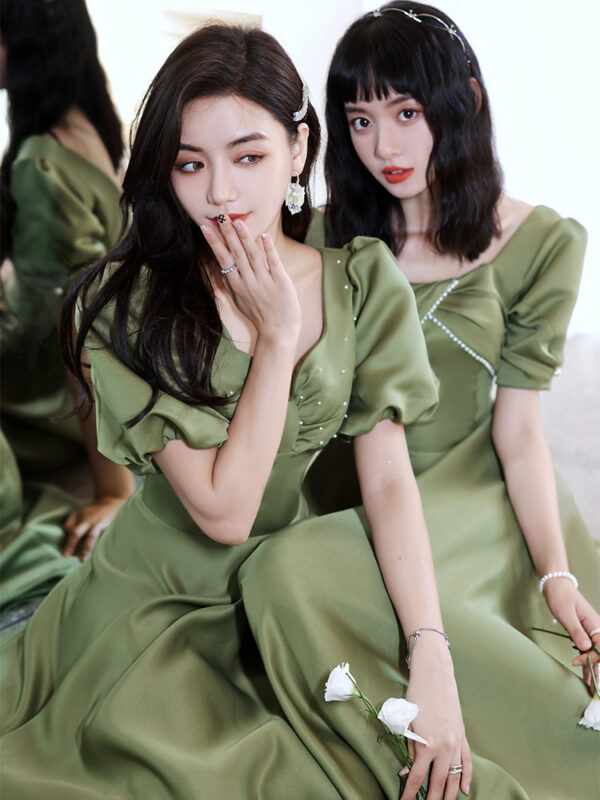 2024 Avocado Green Satin Spring Dress, Women's Group Dress in Avocado Green, Elegant Sisters Dress Skirt