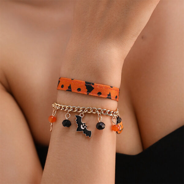 Women's Leather Pumpkin Bat Ghost Halloween Bracelet, Stylish Leather Bracelet with Pumpkin and Bat Design, Trendy Halloween Ghost Bracelet for Women