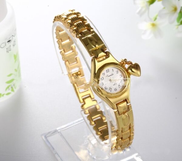 Gold Women's Bracelet Watch with Honey Heart Rhinestone, Elegant Gold Bracelet Watch with Rhinestone Details for Women, Casual Stainless Steel Watch with Heart Rhinestones