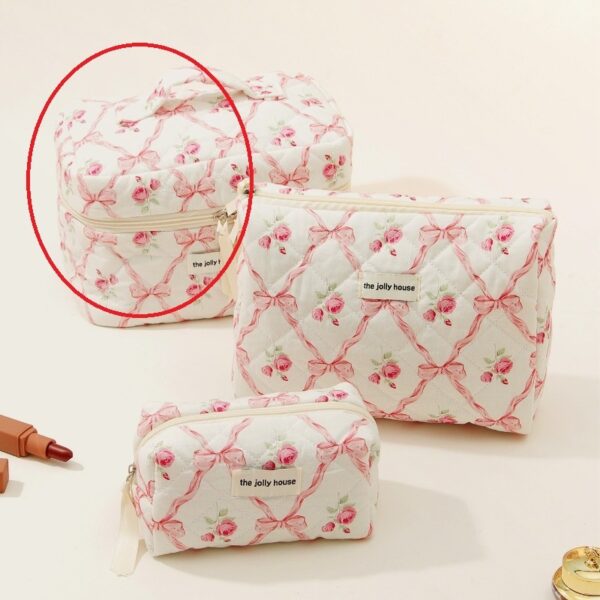 Bow Cotton Makeup Bag with Large Capacity, Ins Style Portable Storage Bag, Stylish and Practical Wash Bag